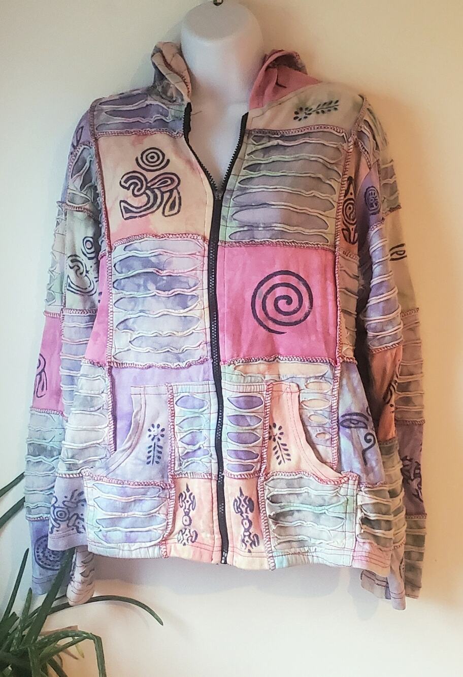 The Collection Womens Pink Multicolor Long Sleeve Zip Up Hoodie Size L Hippie